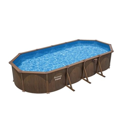 Bestway Hydrium 24' x 12' x 52" Oval above Ground Swimming Pool Set Outdooor Steel Wall Family Pool with Sand Filter, Ladder, & Cover, Brown Woodgrain