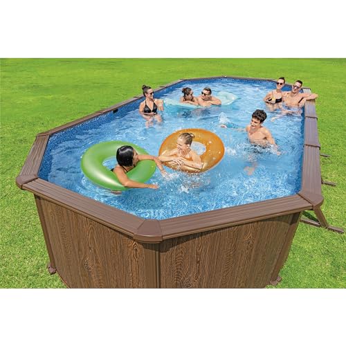 Bestway Hydrium 24' x 12' x 52" Oval above Ground Swimming Pool Set Outdooor Steel Wall Family Pool with Sand Filter, Ladder, & Cover, Brown Woodgrain