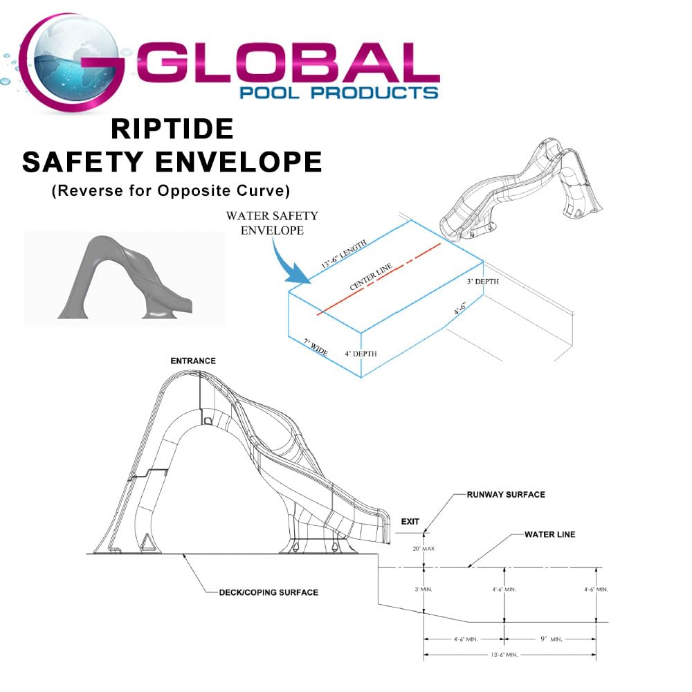 Global Pool Products RIP TIDE Inground Swimming Pool Water Slide Deck Mounted Left Curve Turn Grey GPPSRT-GREY-L
