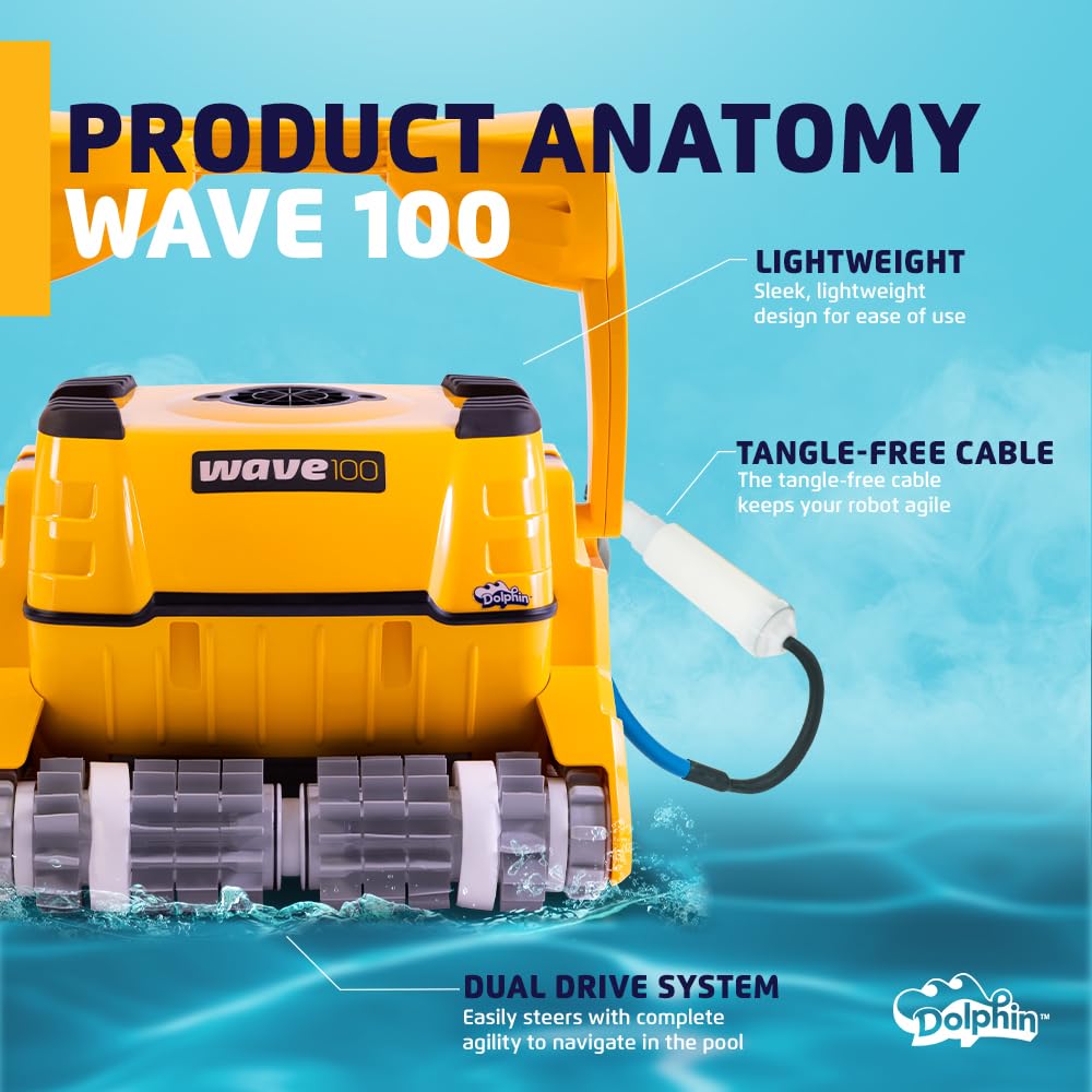 Dolphin Wave 100 Robotic Pool Vacuum Cleaner with Remote Control and Caddy — Wall Climbing Capability — Bottom-load filter for Easy Maintenance — Ideal for Commercial Pools up to 88 FT in Length
