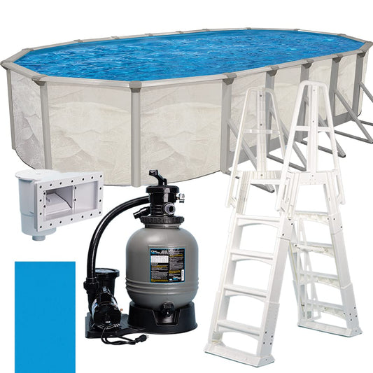 WaterThat 52" Boulder Easy-Build Oval Steel Above Ground Swimming Pool, Sand Filter, Pump, Liner, Ladder, and Skimmer (16' x 32' x 52")