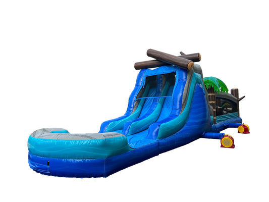 XJUMP Commercial Grade 45' Tropical Wet/Dry Obstacle with Dual Lane Slide and deep Pool