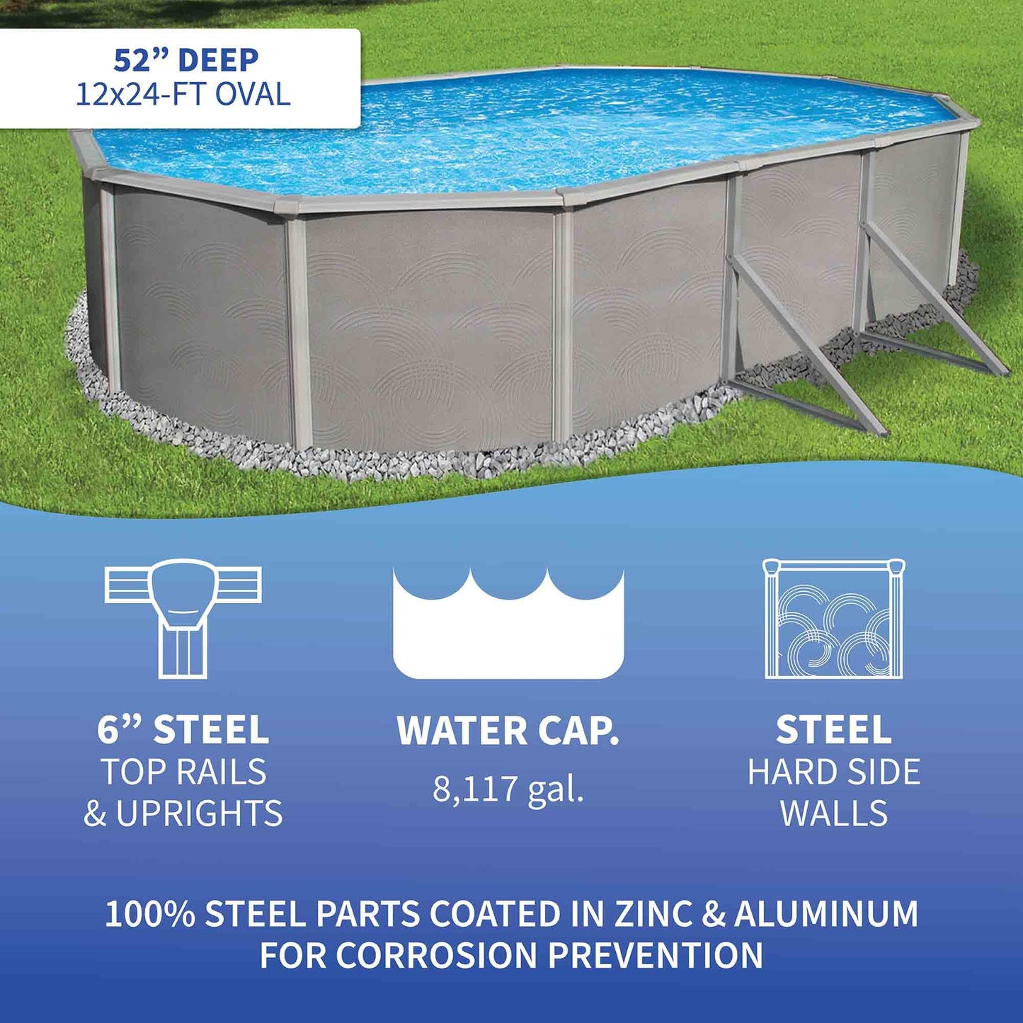 Blue Wave Belize 12-Feet by 24-Feet Oval 52-Inch Deep 6-Inch Top Rail Metal Wall Swimming Pool Package