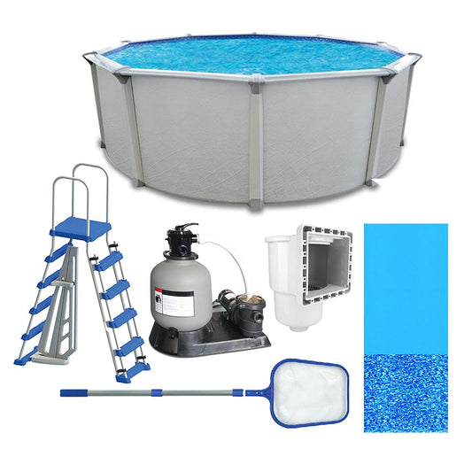 Aquarian Fuzion 24 Ft x 52 in Round above Ground Swimming Pool Backyard Framed Pool Kit with Sand Filter and Pump, A-Frame Ladder, and Maintenance Set