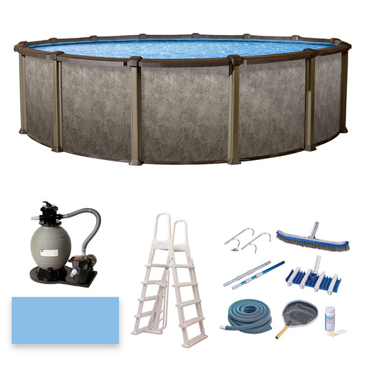 Blue Wave Riviera 27-ft Round 54-in Deep 8-in Top Rail Metal Wall Above Ground Swimming Pool Package