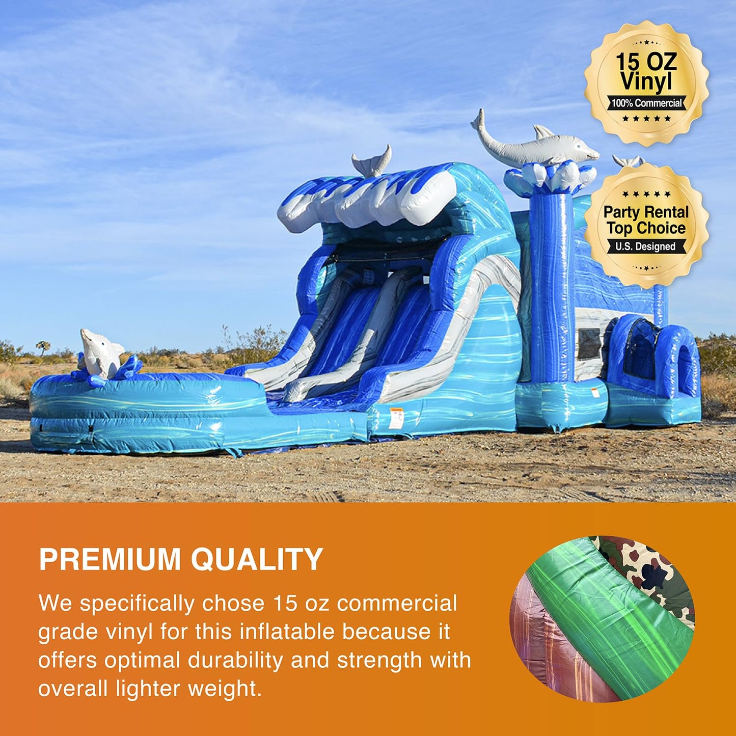 JumpOrange Dolphins Commercial Grade Bounce House Water Slide with Dual Lane and Detachable Pool for Kids and Adults (with Blower), Tunnel Entrance, Basketball Hoop, Wet Dry Use, Obstacle Pop Ups