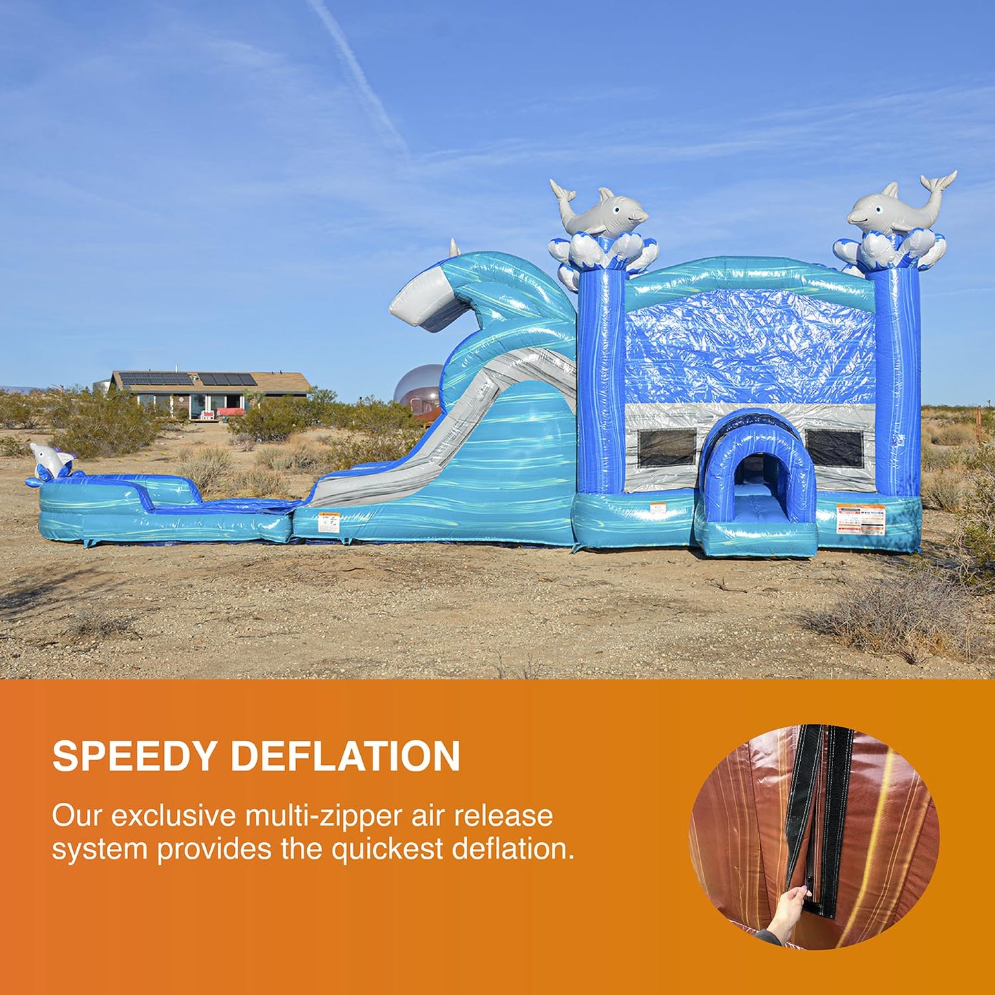 JumpOrange Dolphins Commercial Grade Bounce House Water Slide with Dual Lane and Detachable Pool for Kids and Adults (with Blower), Tunnel Entrance, Basketball Hoop, Wet Dry Use, Obstacle Pop Ups