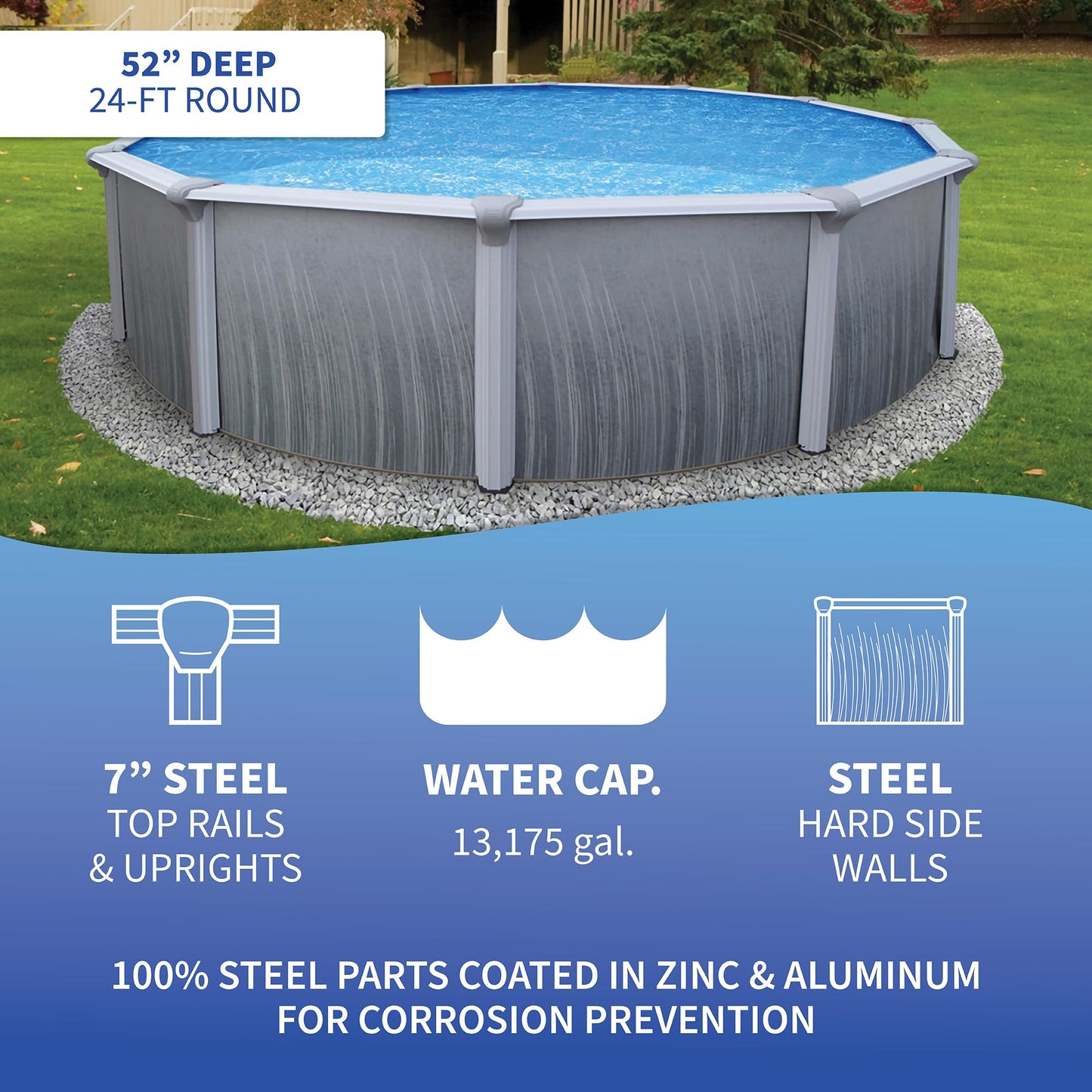 Blue Wave Martinique 24-Feet Round 52-Inch Deep 7-Inch Top Rail Metal Wall Swimming Pool Package