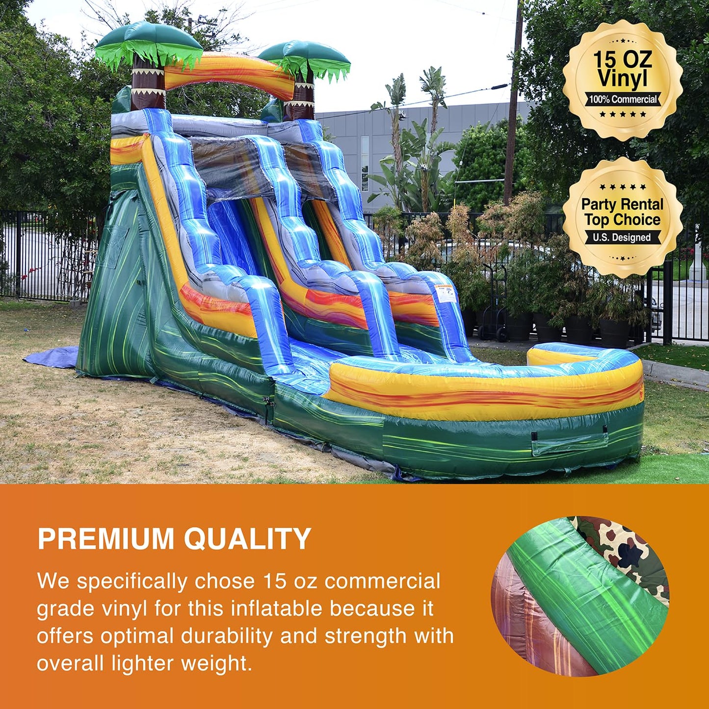 JumpOrange 15’ Cali Palms Commercial Grade Water Slide with Detachable Deep Pool for Kids and Adults (with Blower), Outdoor Indoor, Wet Dry Use, Tall Waterslide Inflatable