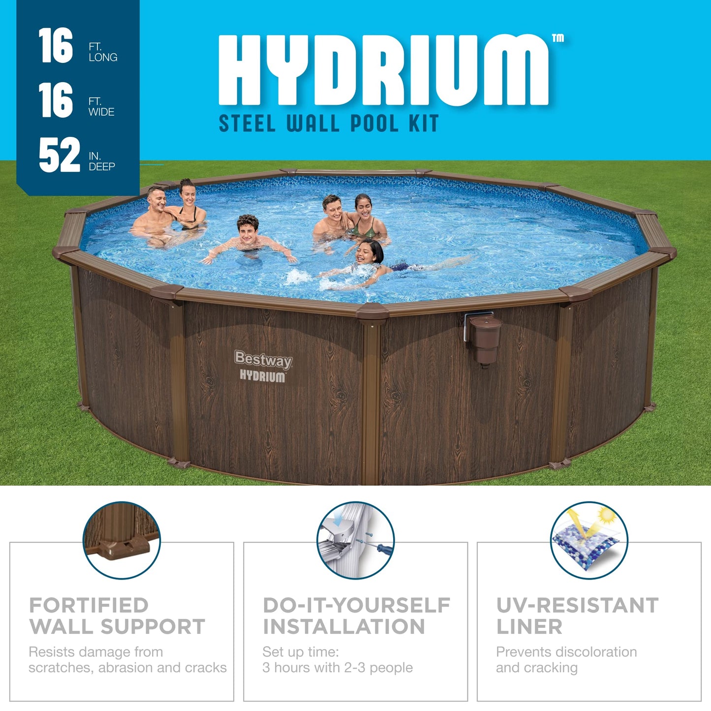 Bestway Hydrium Galvanized Steel Wall Above Ground Pool Set 16' x 52" | Semi-Permanent, Year-Round Swimming Pool | Includes Sand Filter, Skimmer, Ladder, Ground Cloth, Cover