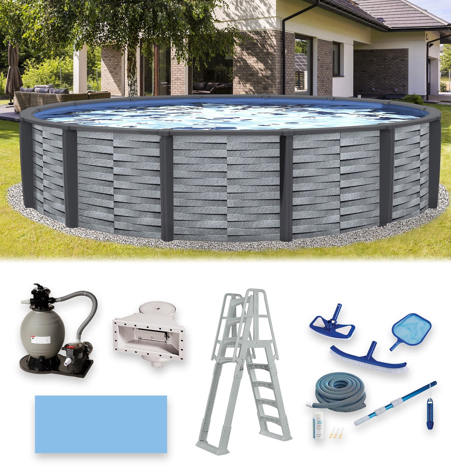 Blue Wave NB19833 Affinity 18-ft Round 52-in Deep 7-in Top Rail Resin Package Above Ground Swimming Pool, x, Gray