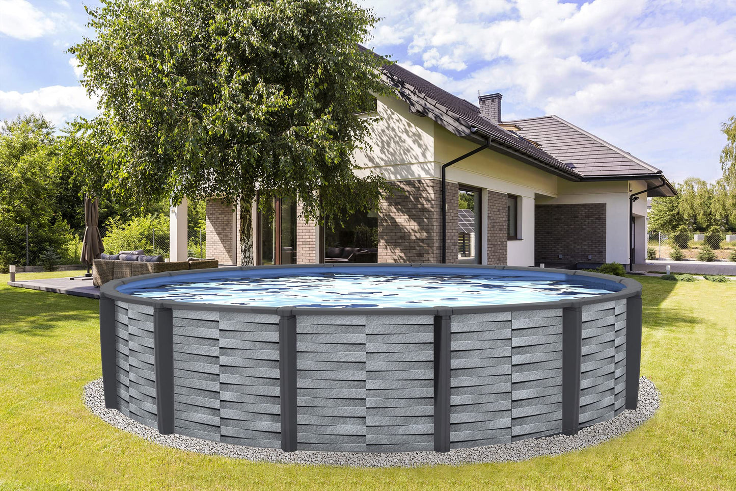 Blue Wave NB19833 Affinity 18-ft Round 52-in Deep 7-in Top Rail Resin Package Above Ground Swimming Pool, x, Gray