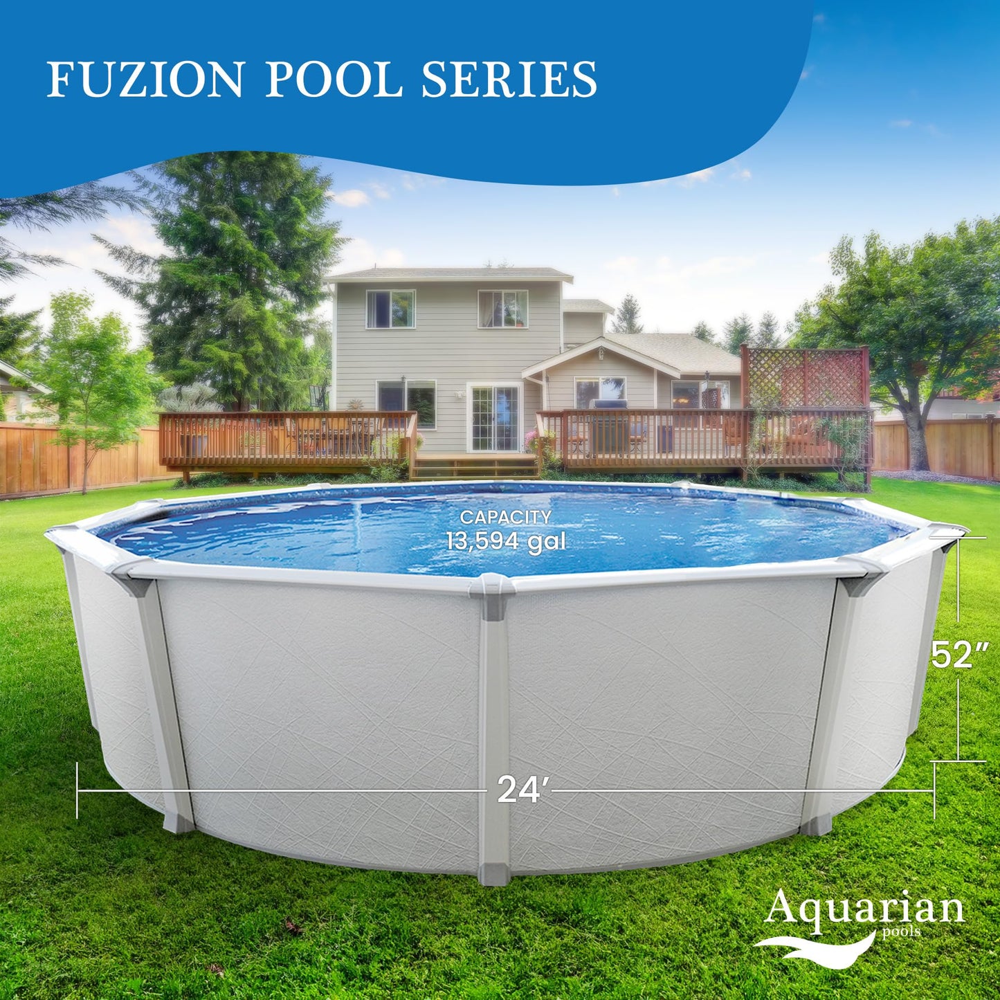Aquarian Fuzion 24 Ft x 52 in Round above Ground Swimming Pool Backyard Framed Pool Kit with Sand Filter and Pump, A-Frame Ladder, and Maintenance Set