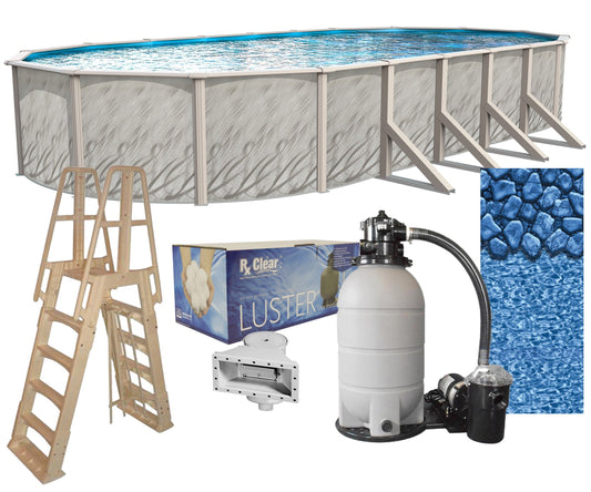 Lake Effect Meadows Reprieve 15' x 24' Oval above Ground Swimming Pool | 52" Height | Bundle Kit | Boulder Swirl Pool Liner | A Frame Ladder | Sand Filter System with Pump | Skimmer