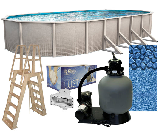 Impressions 18-Foot-by-33-Foot Oval Above-Ground Swimming Pool | 48-Inch Height | Steel-Sided Walls | Bundle Kit | Boulder Swirl Liner | A-Frame Ladder | Sand Filter System with Pump | Skimmer
